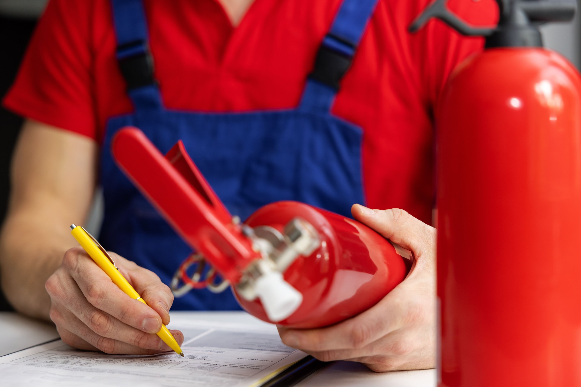 fire safety equipment maintenance - service engineer checking extinguisher condition and writing documents